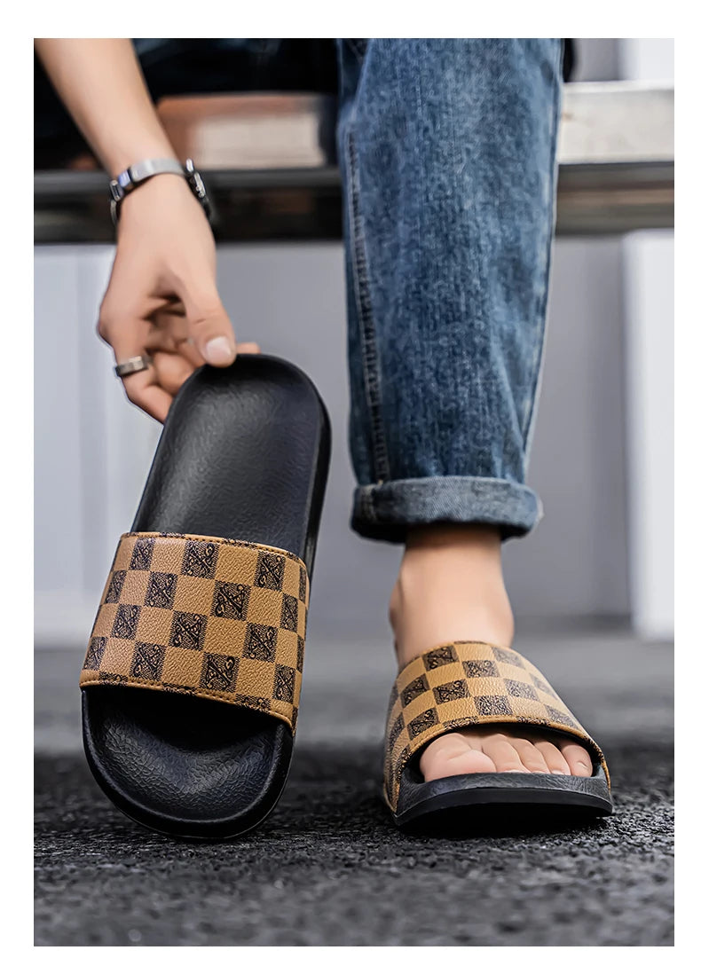 Summer Checkerboard Checkered Color-blocking Fashionable and Durable Soft-soled One-step Comfortable Men's Flip-flops