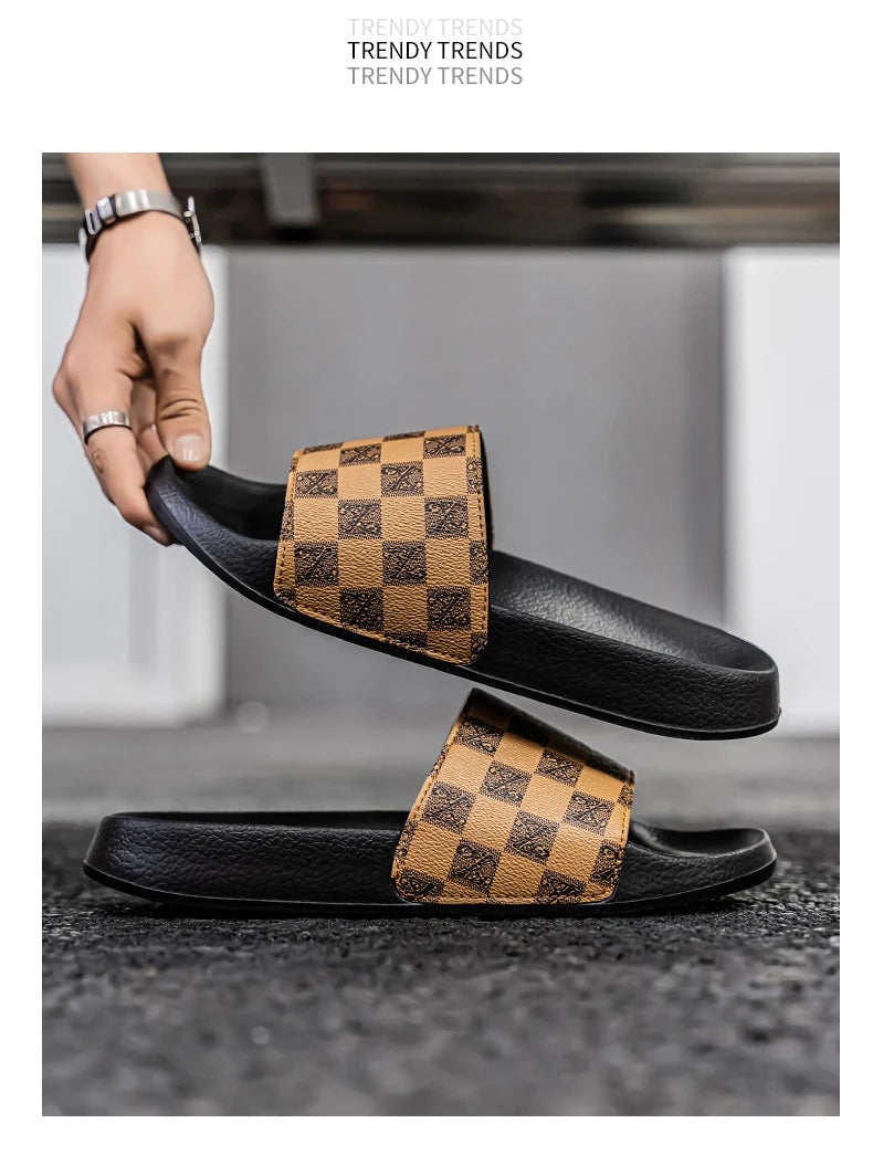 Summer Checkerboard Checkered Color-blocking Fashionable and Durable Soft-soled One-step Comfortable Men's Flip-flops