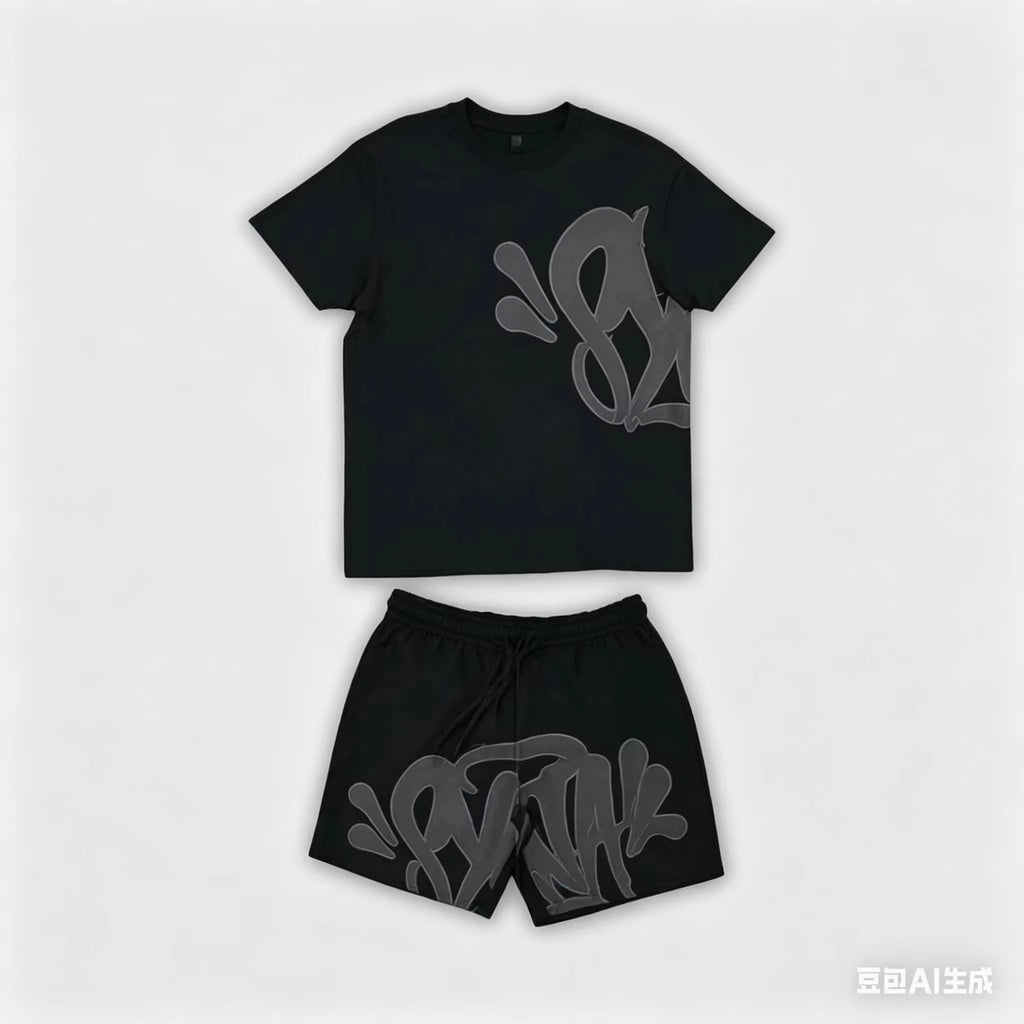 2026 Summer New Style Unisex Abstract Graffiti Graphic 2 Piece Tracksuit Black Tee and Elastic Waist Shorts for Kids Streetwear