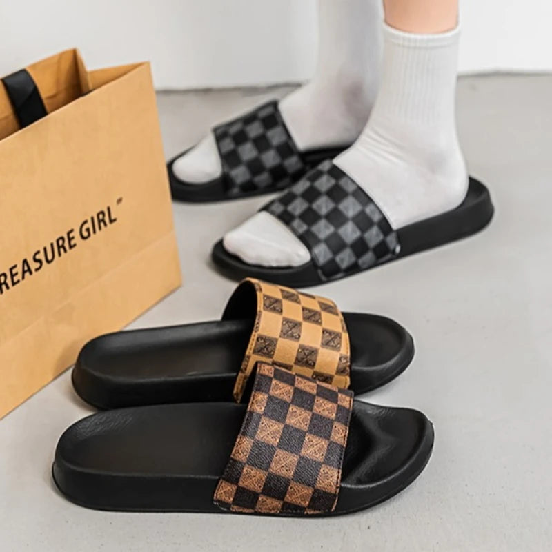 Summer Checkerboard Checkered Color-blocking Fashionable and Durable Soft-soled One-step Comfortable Men's Flip-flops