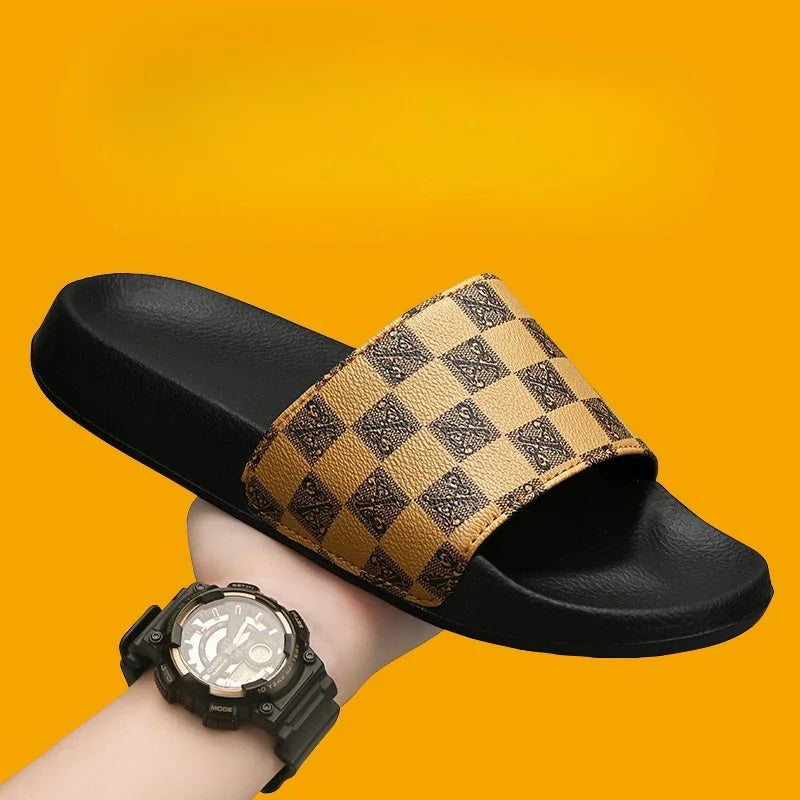 Summer Checkerboard Checkered Color-blocking Fashionable and Durable Soft-soled One-step Comfortable Men's Flip-flops