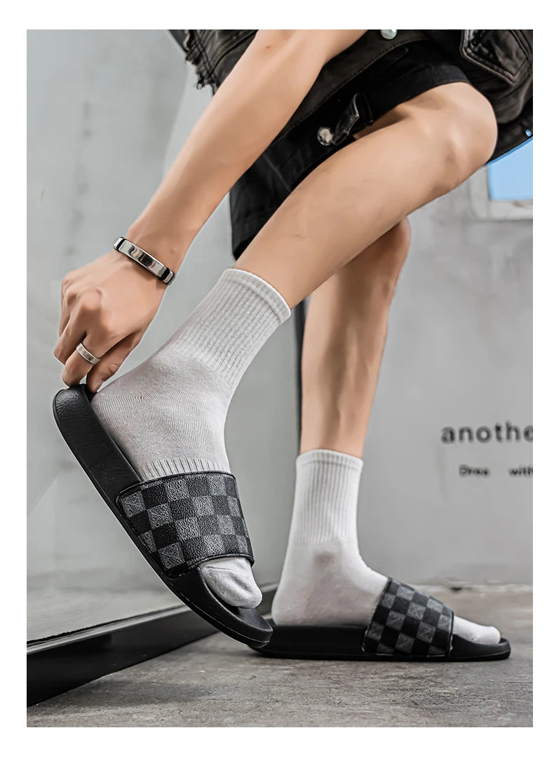 Summer Checkerboard Checkered Color-blocking Fashionable and Durable Soft-soled One-step Comfortable Men's Flip-flops