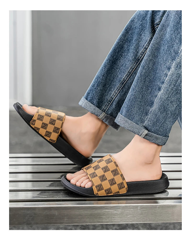 Summer Checkerboard Checkered Color-blocking Fashionable and Durable Soft-soled One-step Comfortable Men's Flip-flops