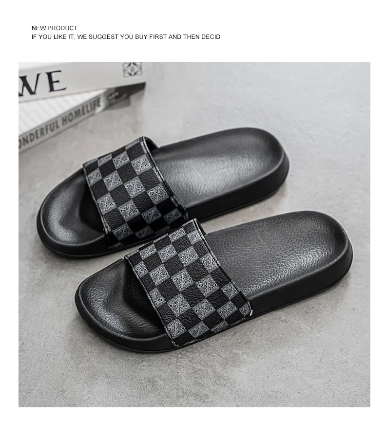 Summer Checkerboard Checkered Color-blocking Fashionable and Durable Soft-soled One-step Comfortable Men's Flip-flops