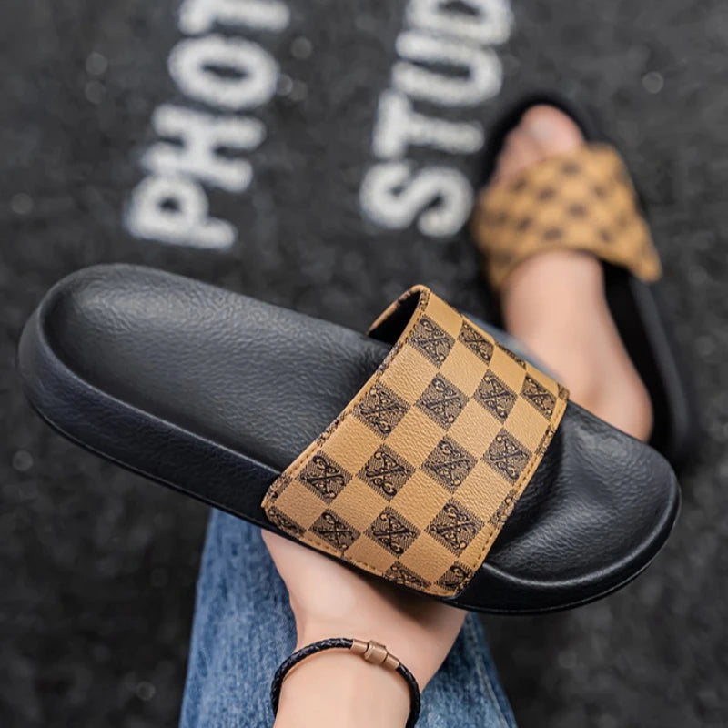 Summer Checkerboard Checkered Color-blocking Fashionable and Durable Soft-soled One-step Comfortable Men's Flip-flops