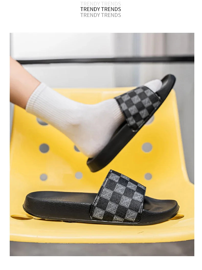 Summer Checkerboard Checkered Color-blocking Fashionable and Durable Soft-soled One-step Comfortable Men's Flip-flops