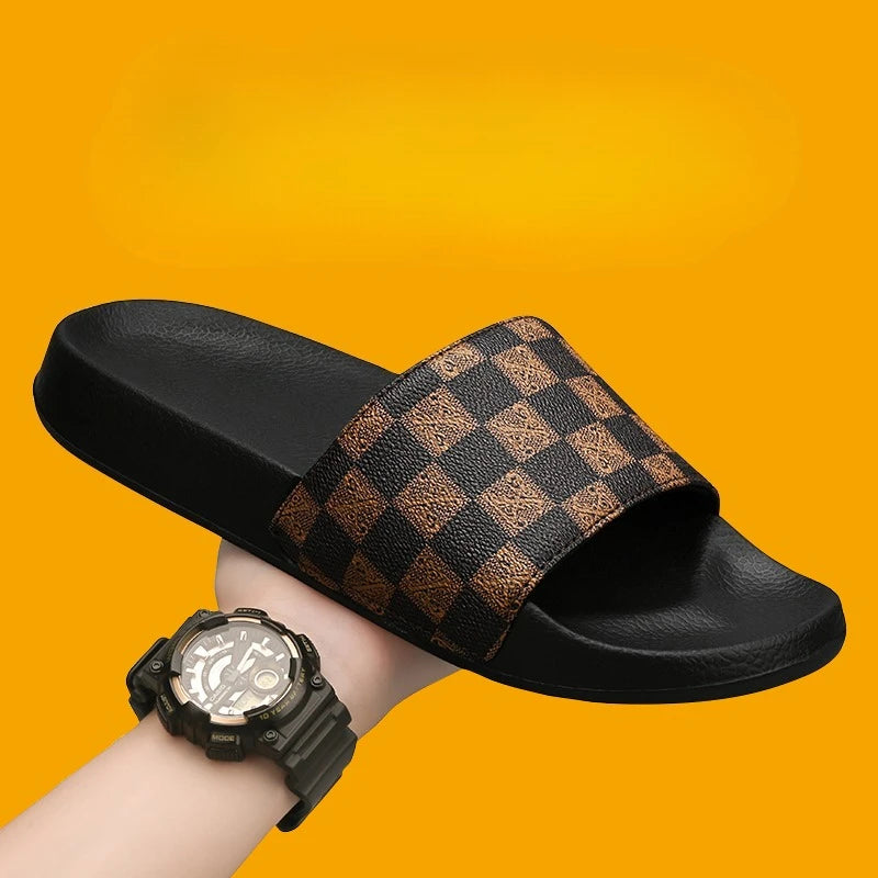 Summer Checkerboard Checkered Color-blocking Fashionable and Durable Soft-soled One-step Comfortable Men's Flip-flops