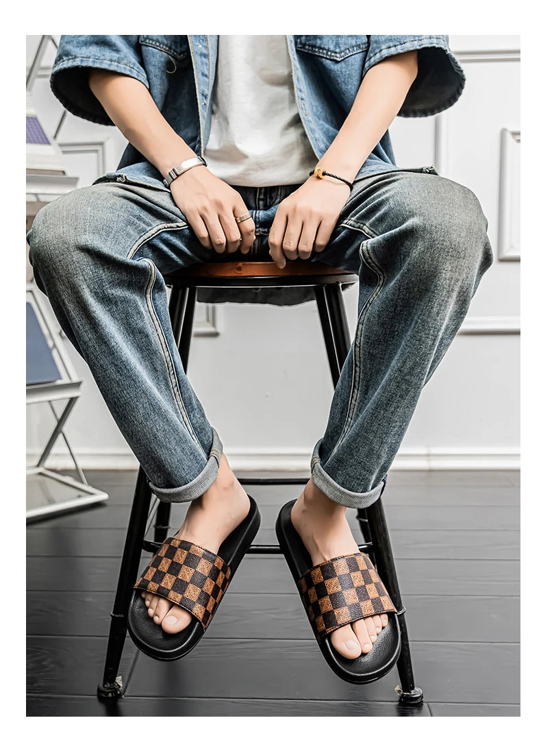 Summer Checkerboard Checkered Color-blocking Fashionable and Durable Soft-soled One-step Comfortable Men's Flip-flops