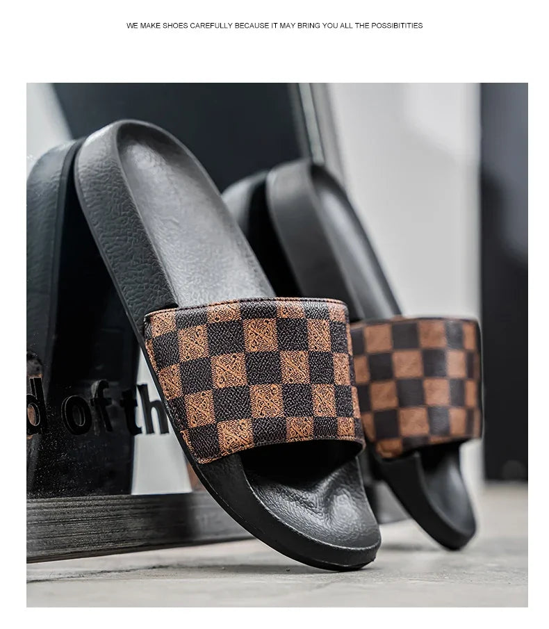 Summer Checkerboard Checkered Color-blocking Fashionable and Durable Soft-soled One-step Comfortable Men's Flip-flops