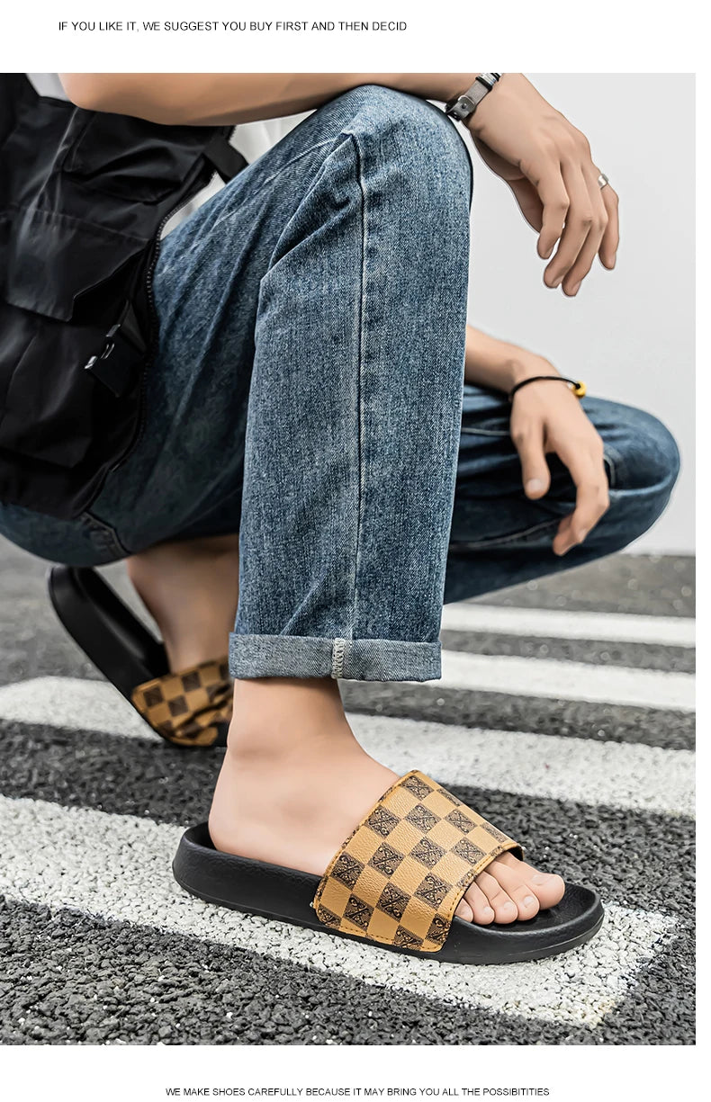 Summer Checkerboard Checkered Color-blocking Fashionable and Durable Soft-soled One-step Comfortable Men's Flip-flops