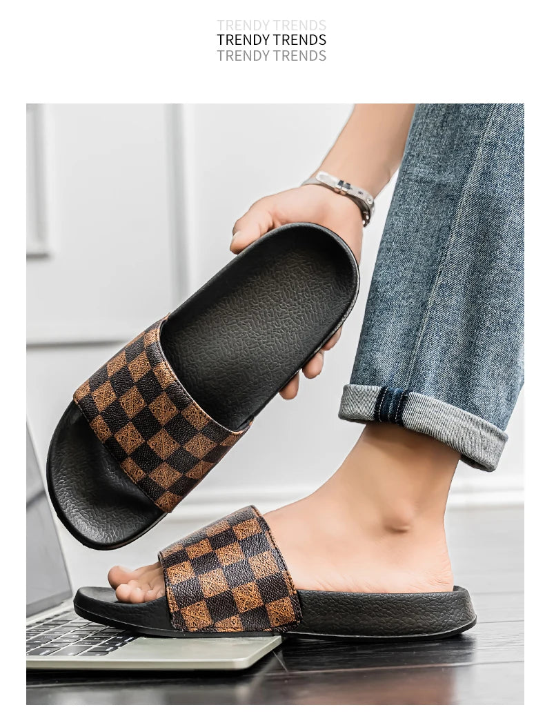 Summer Checkerboard Checkered Color-blocking Fashionable and Durable Soft-soled One-step Comfortable Men's Flip-flops