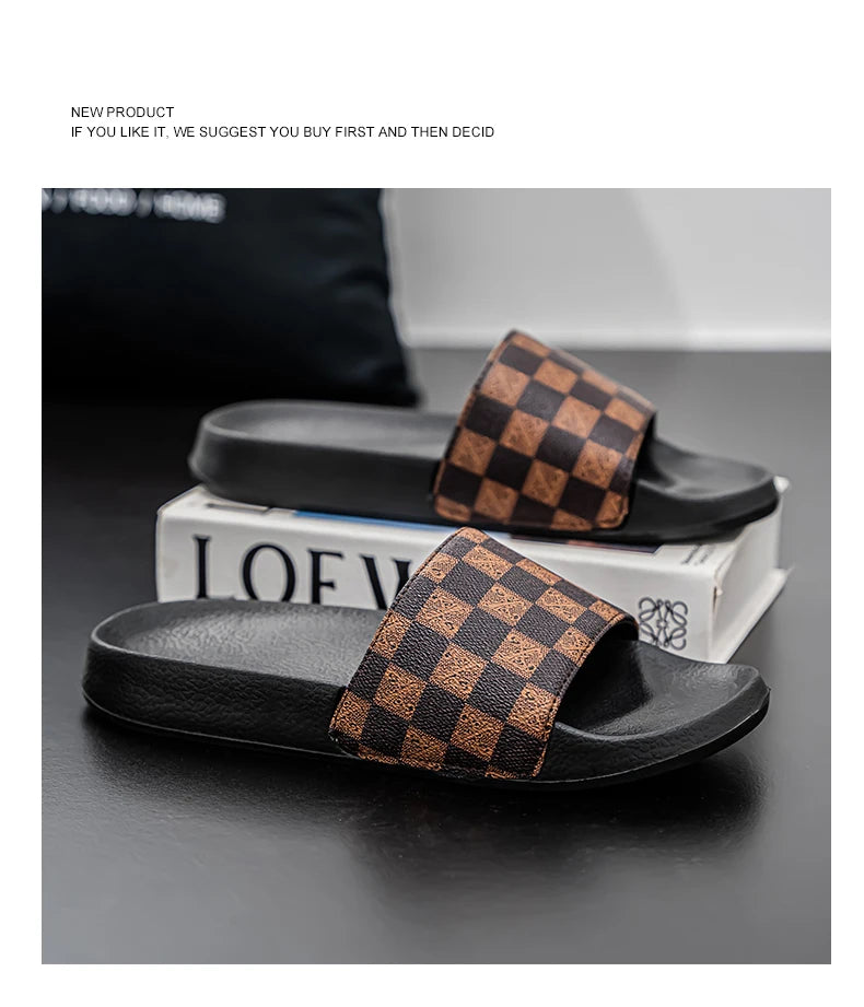 Summer Checkerboard Checkered Color-blocking Fashionable and Durable Soft-soled One-step Comfortable Men's Flip-flops