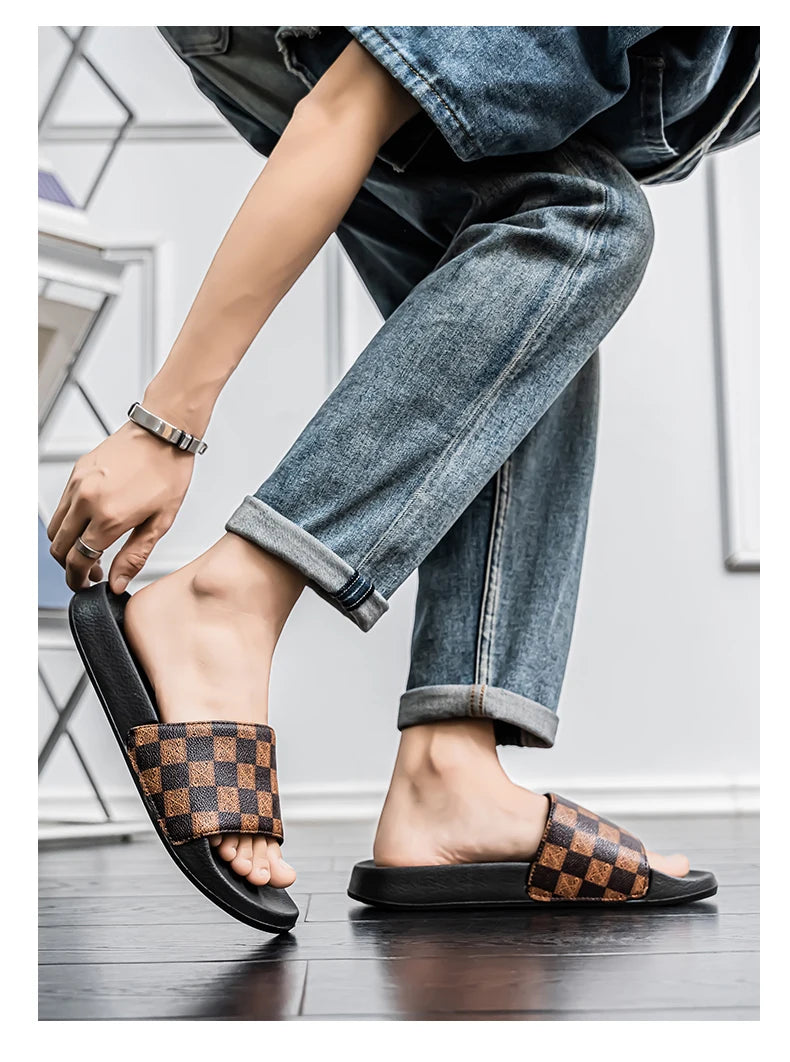 Summer Checkerboard Checkered Color-blocking Fashionable and Durable Soft-soled One-step Comfortable Men's Flip-flops