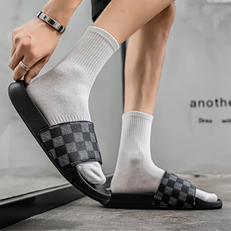 Summer Checkerboard Checkered Color-blocking Fashionable and Durable Soft-soled One-step Comfortable Men's Flip-flops