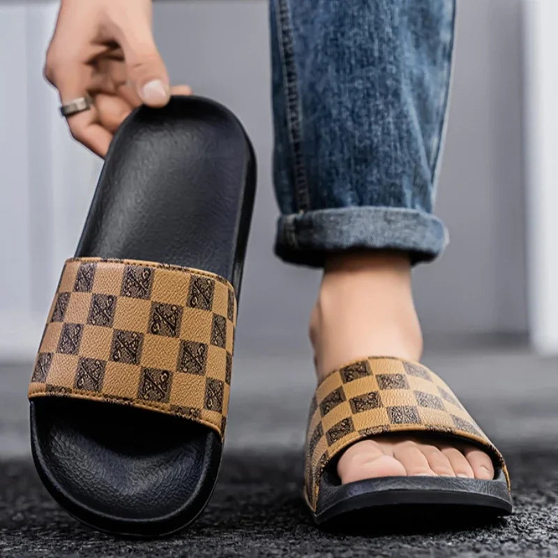 Summer Checkerboard Checkered Color-blocking Fashionable and Durable Soft-soled One-step Comfortable Men's Flip-flops