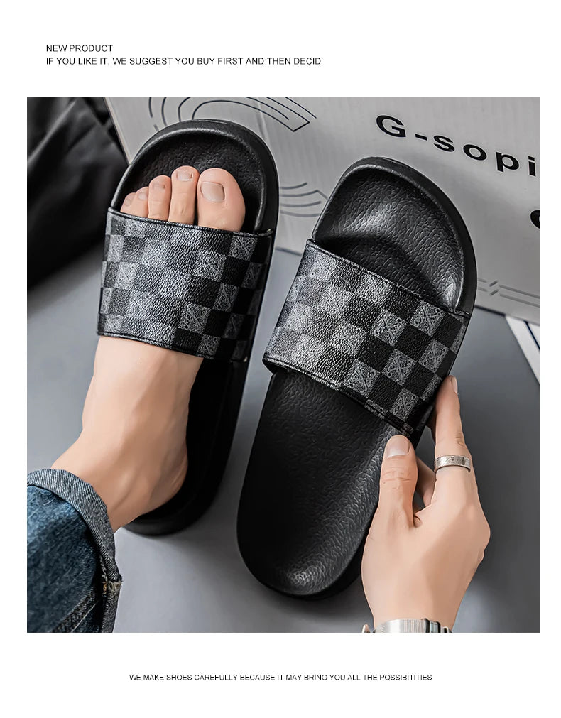 Summer Checkerboard Checkered Color-blocking Fashionable and Durable Soft-soled One-step Comfortable Men's Flip-flops