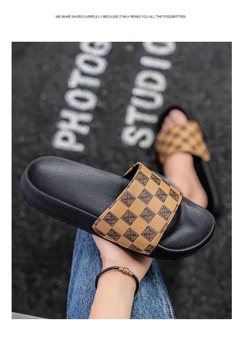 Summer Checkerboard Checkered Color-blocking Fashionable and Durable Soft-soled One-step Comfortable Men's Flip-flops
