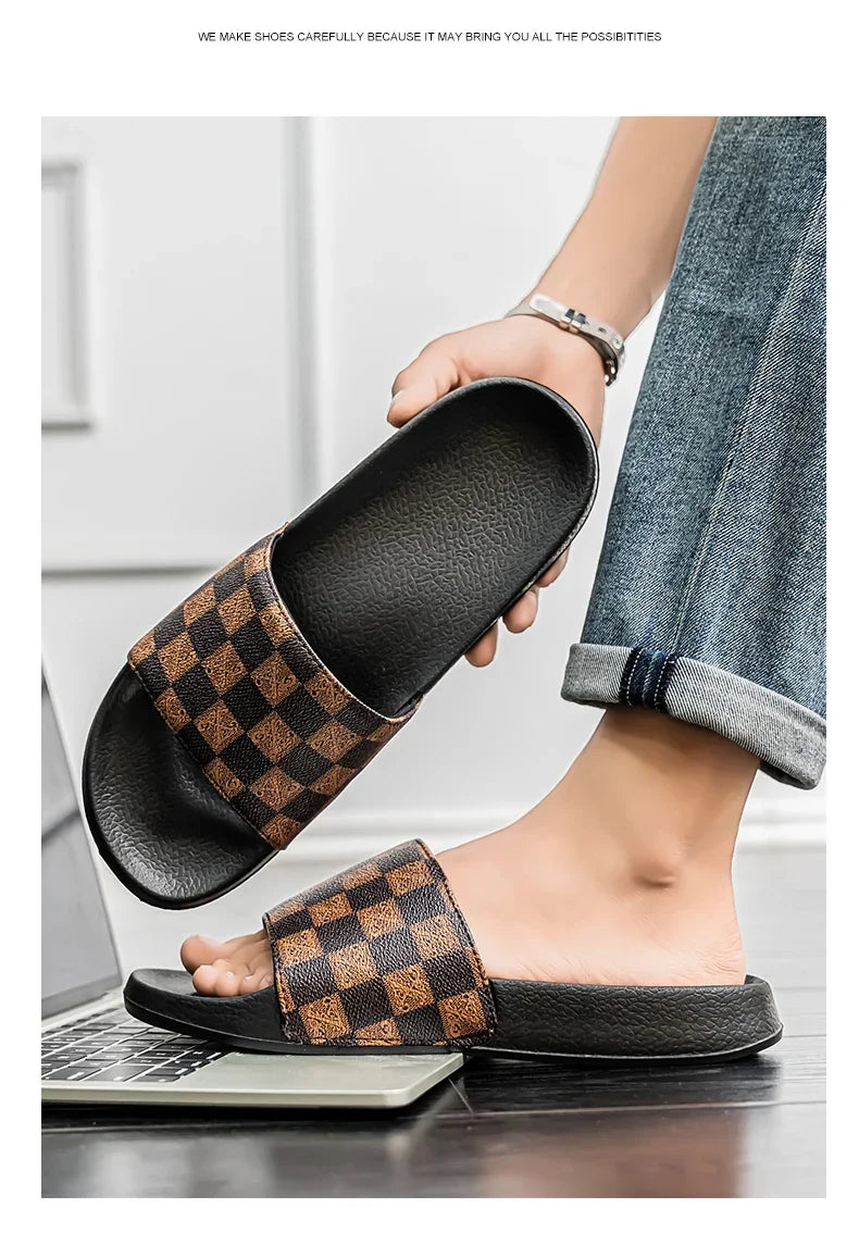 Summer Checkerboard Checkered Color-blocking Fashionable and Durable Soft-soled One-step Comfortable Men's Flip-flops