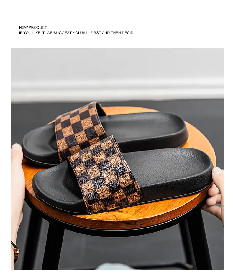 Summer Checkerboard Checkered Color-blocking Fashionable and Durable Soft-soled One-step Comfortable Men's Flip-flops