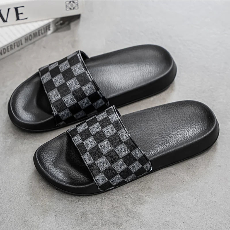 Summer Checkerboard Checkered Color-blocking Fashionable and Durable Soft-soled One-step Comfortable Men's Flip-flops