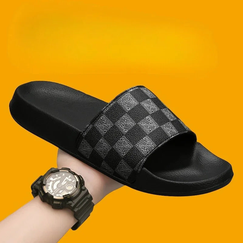 Summer Checkerboard Checkered Color-blocking Fashionable and Durable Soft-soled One-step Comfortable Men's Flip-flops