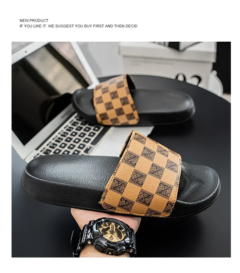 Summer Checkerboard Checkered Color-blocking Fashionable and Durable Soft-soled One-step Comfortable Men's Flip-flops