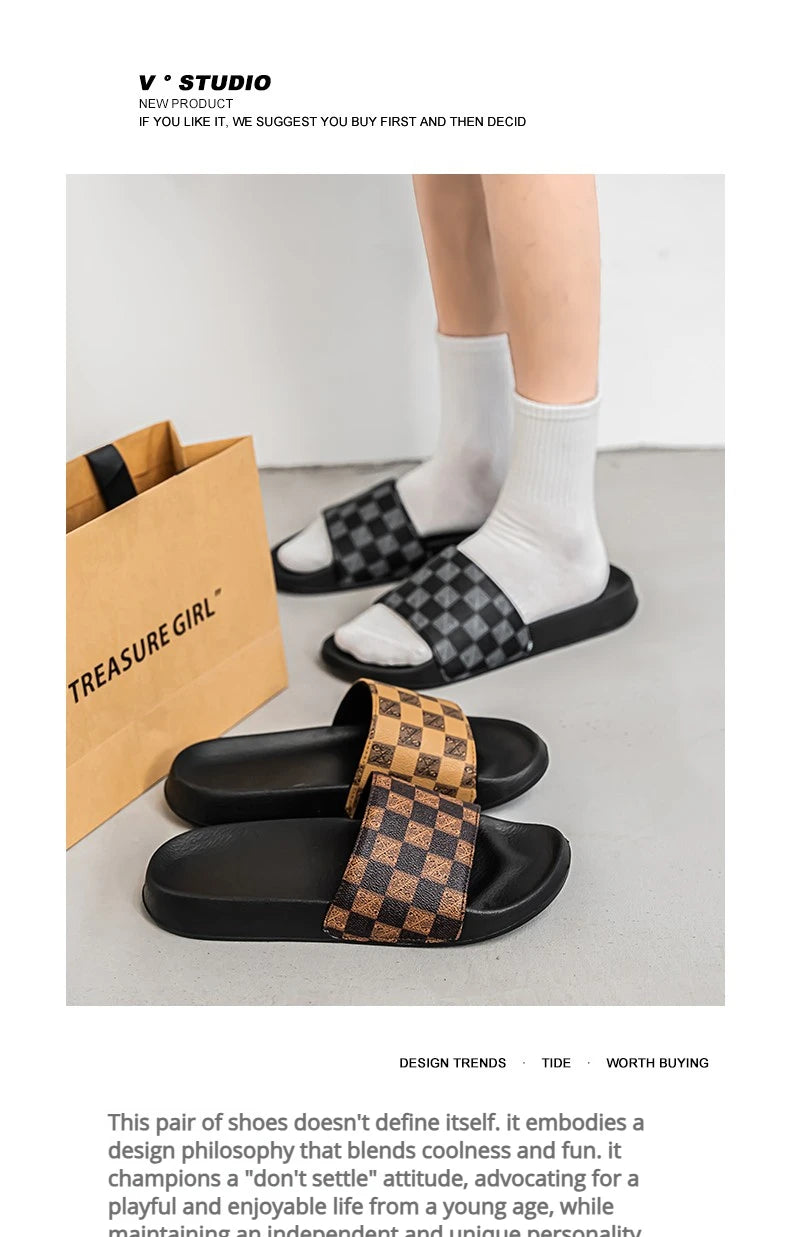 Summer Checkerboard Checkered Color-blocking Fashionable and Durable Soft-soled One-step Comfortable Men's Flip-flops