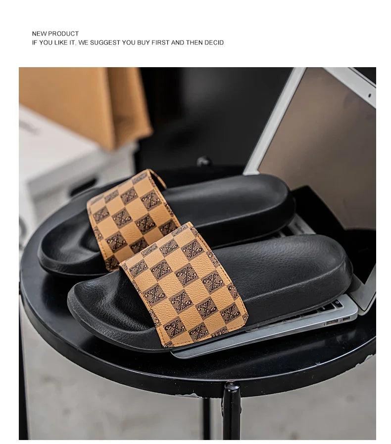 Summer Checkerboard Checkered Color-blocking Fashionable and Durable Soft-soled One-step Comfortable Men's Flip-flops