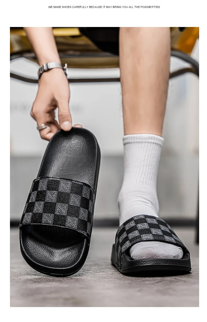 Summer Checkerboard Checkered Color-blocking Fashionable and Durable Soft-soled One-step Comfortable Men's Flip-flops