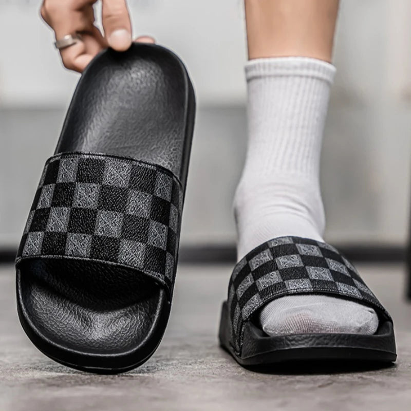 Summer Checkerboard Checkered Color-blocking Fashionable and Durable Soft-soled One-step Comfortable Men's Flip-flops