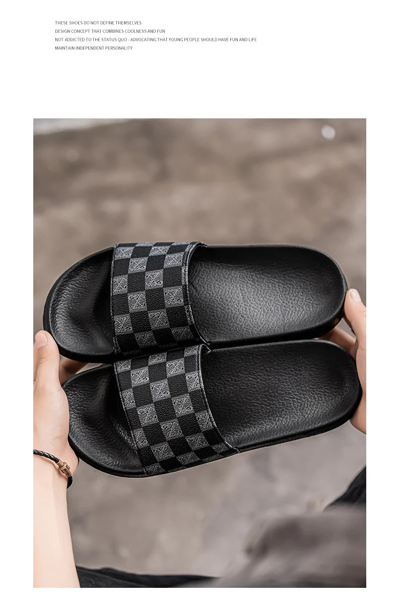 Summer Checkerboard Checkered Color-blocking Fashionable and Durable Soft-soled One-step Comfortable Men's Flip-flops