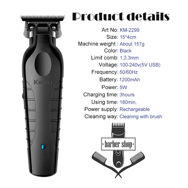 KM2296 Kemei Original Professional Rechargeable Hair Trimmer Adjustable Hair Clipper USB Carving Barber Salon
